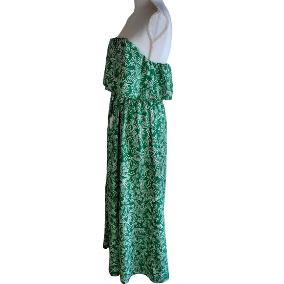 Womens Green Leaf Print Strapless Ruffle Drawstring Long Maxi Dress Size Large - Picture 5 of 9